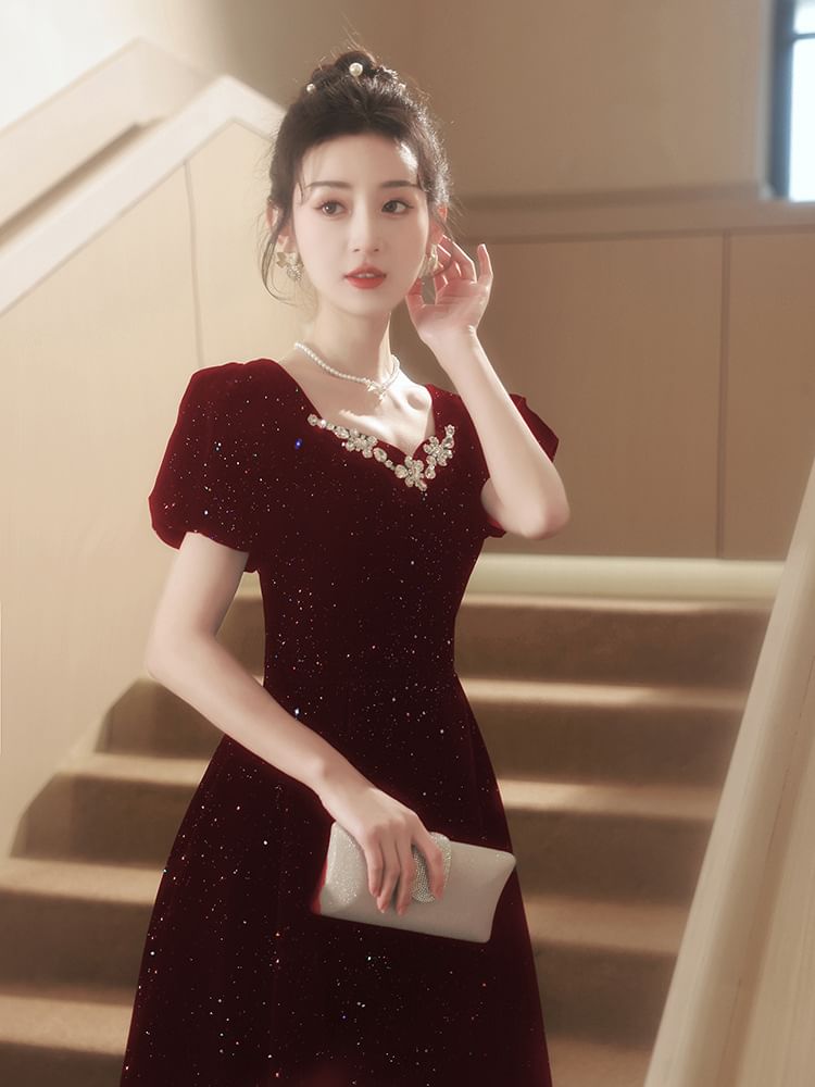 Puff-Sleeve Sequin Evening A-Line Rhinestone Gown
