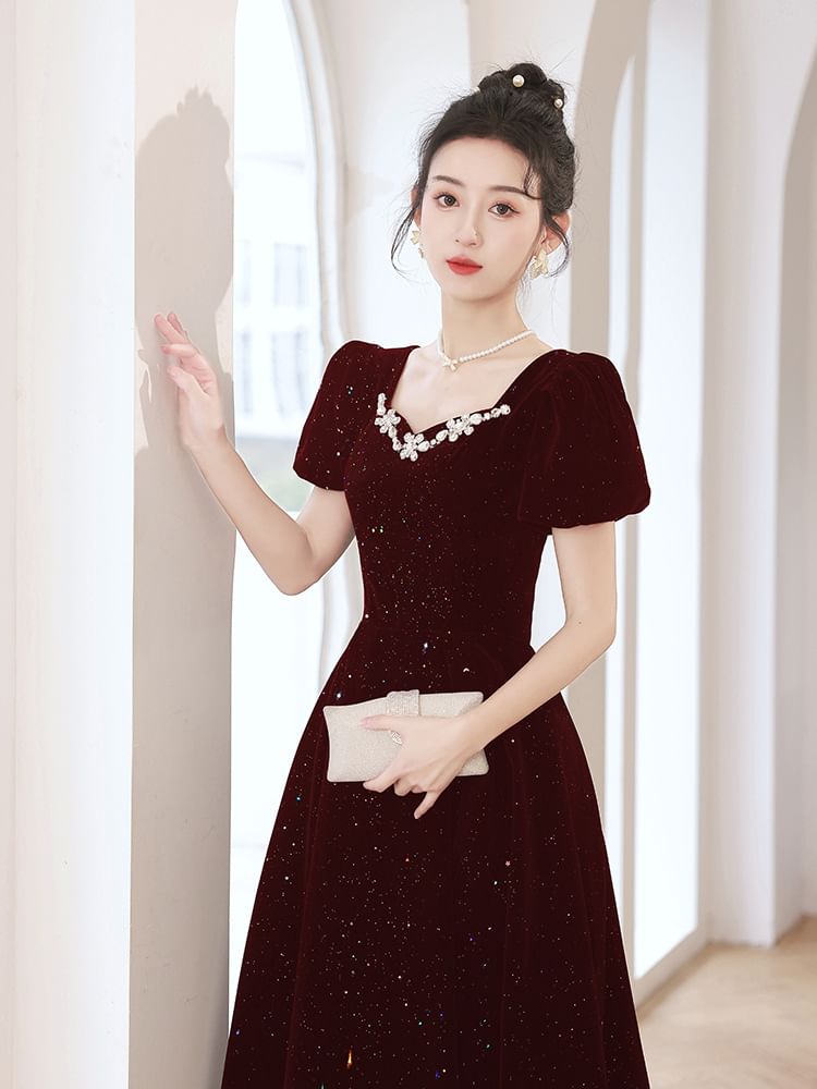 Puff-Sleeve Sequin Evening A-Line Rhinestone Gown