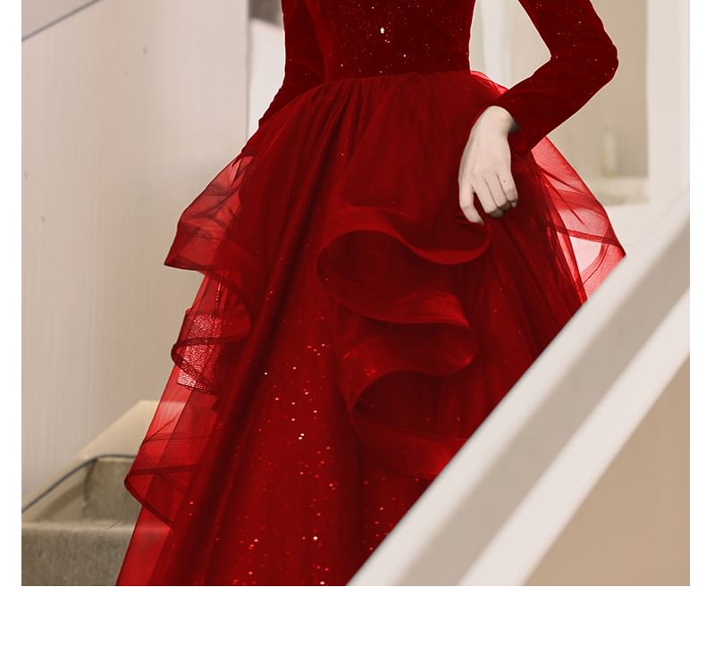 Gown Sequin Evening Ruffle A-Line