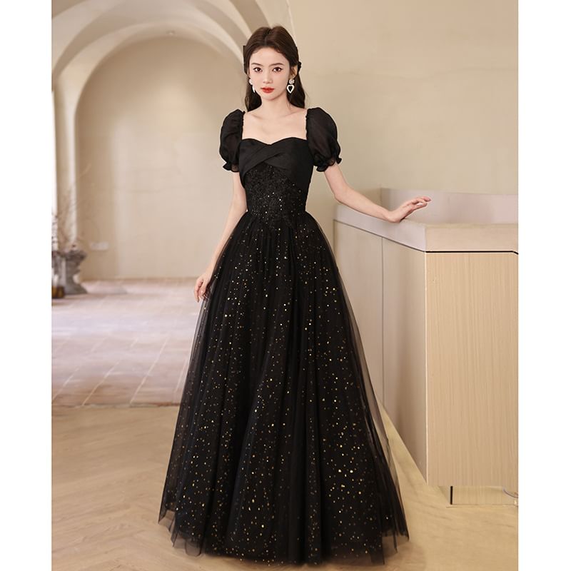 Sequin Puff-Sleeve Evening Gown A-Line
