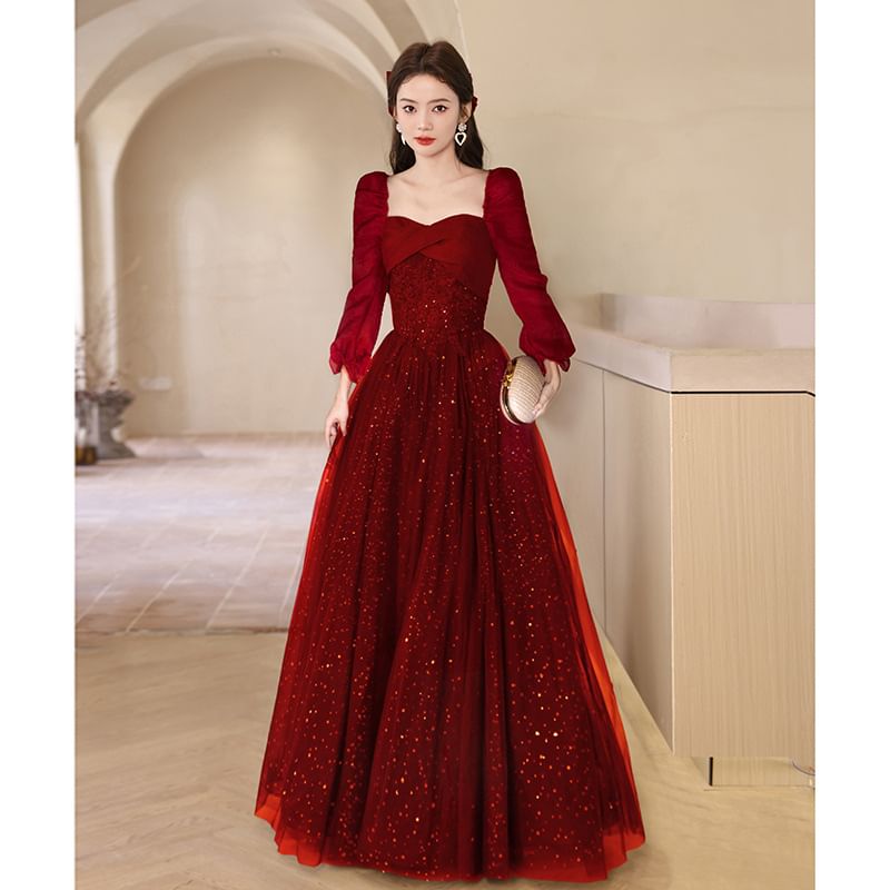 Sequin Puff-Sleeve Evening Gown A-Line