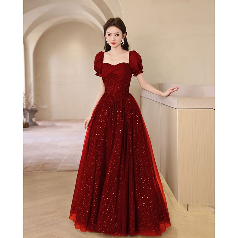 Sequin Puff-Sleeve Evening Gown A-Line