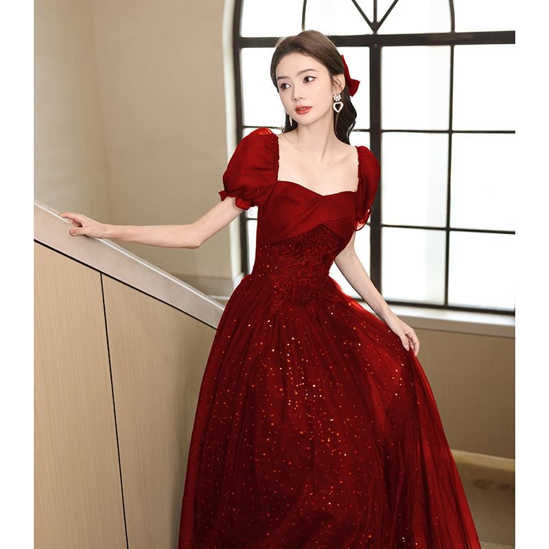 Sequin Puff-Sleeve Evening Gown A-Line