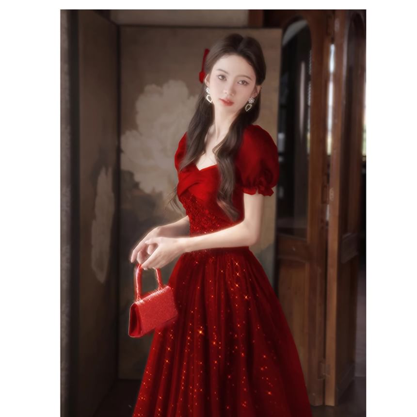 Sequin Puff-Sleeve Evening Gown A-Line