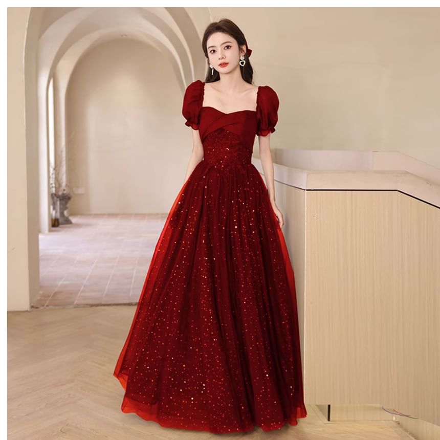 Sequin Puff-Sleeve Evening Gown A-Line