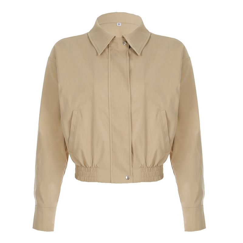 Up Collared Jacket Cropped Plain Zip