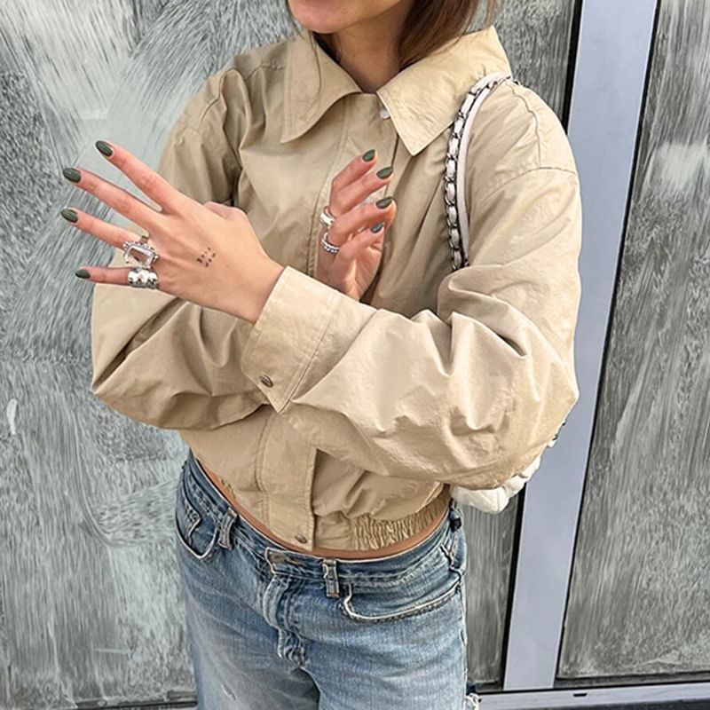 Up Collared Jacket Cropped Plain Zip