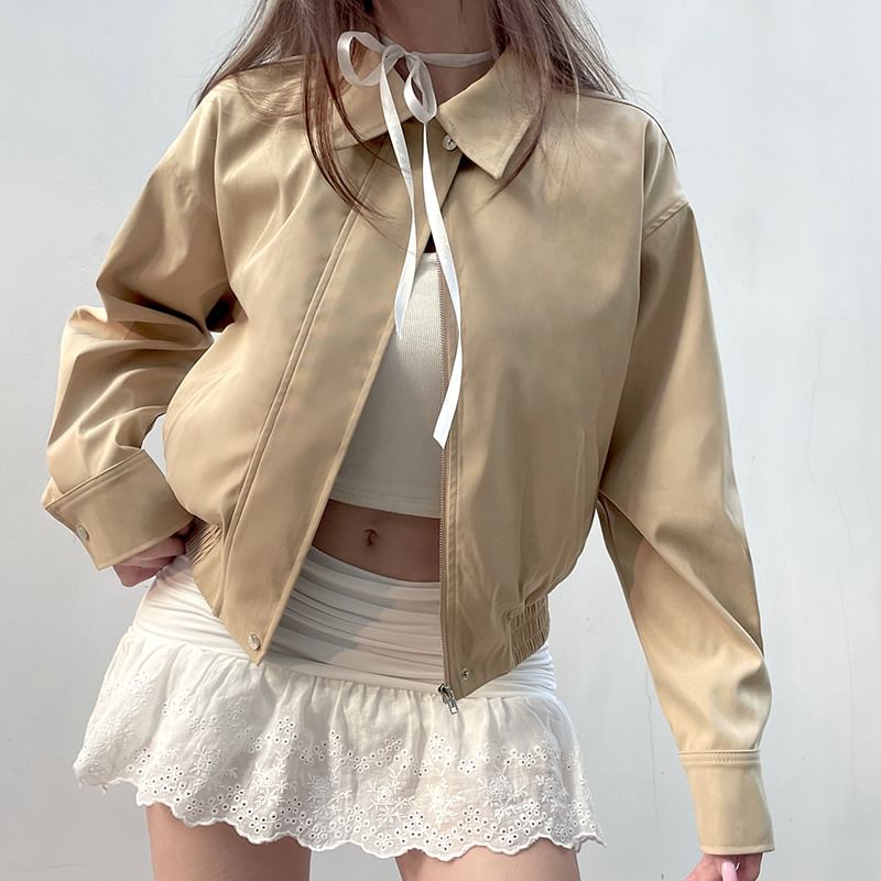 Up Collared Jacket Cropped Plain Zip