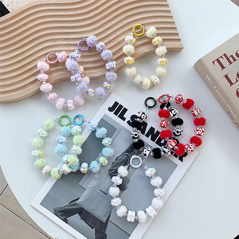Phone Bead Pom Heart Strap