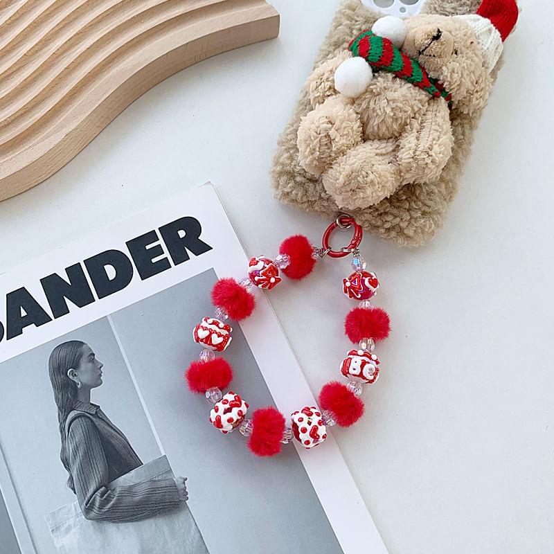 Phone Bead Pom Heart Strap