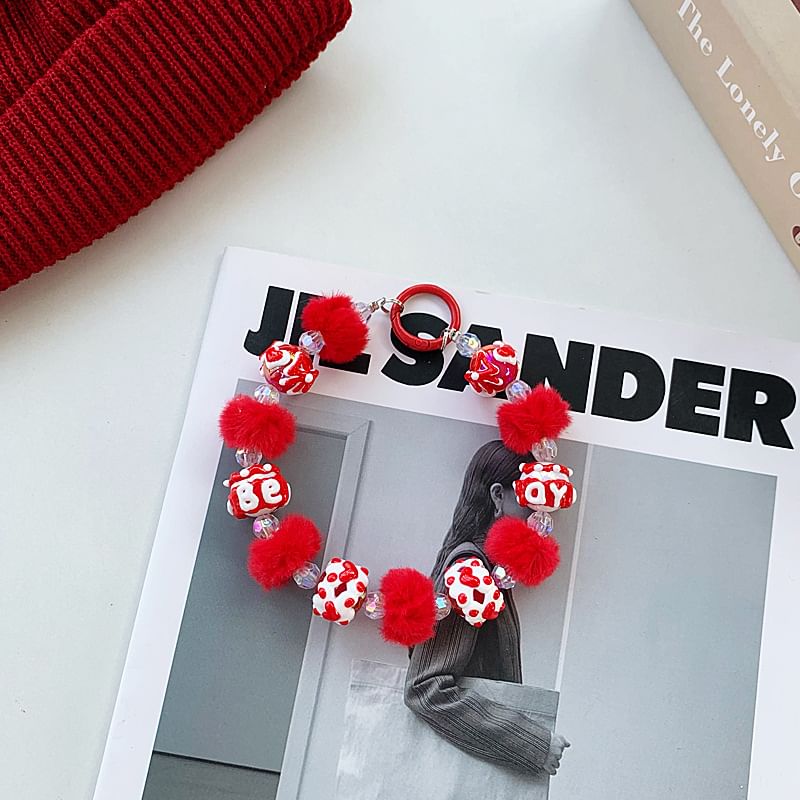 Phone Bead Pom Heart Strap