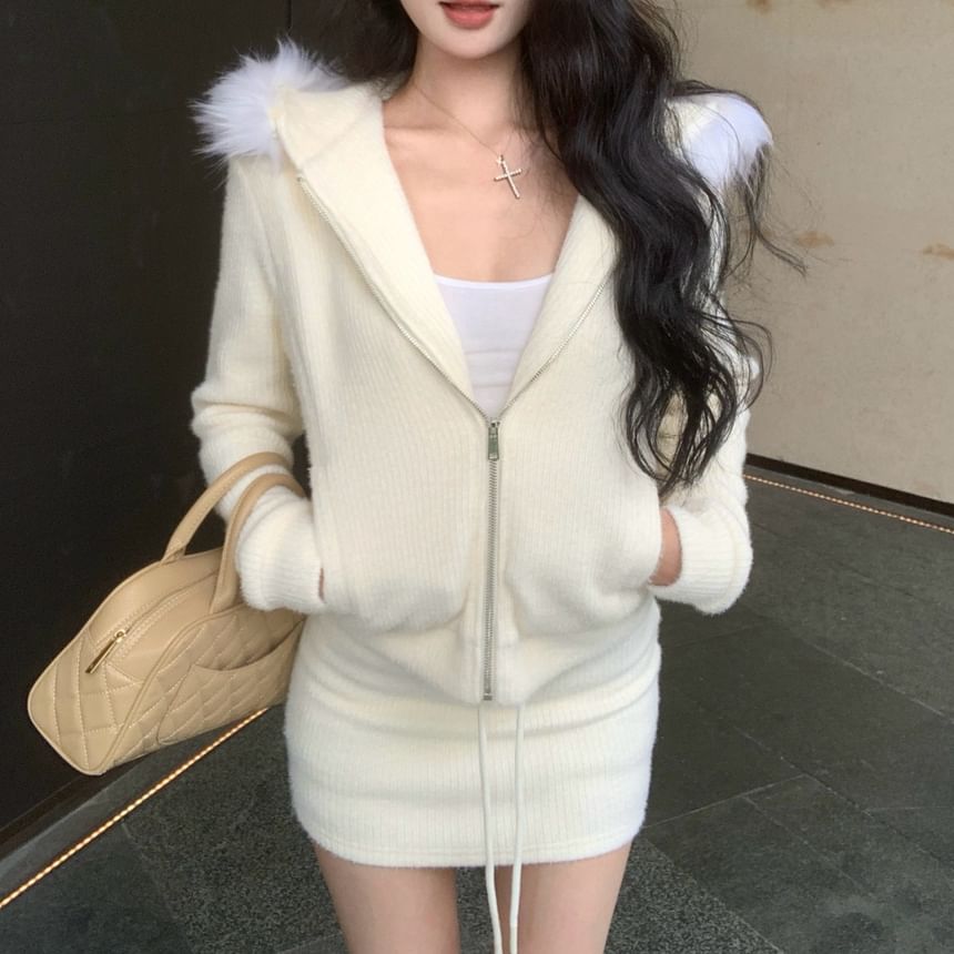 Waist Fluffy Drawstring Pencil Hoodie Mini Trim / Plain Skirt Zip-Up Knit
