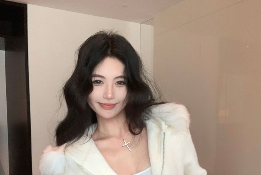 Waist Fluffy Drawstring Pencil Hoodie Mini Trim / Plain Skirt Zip-Up Knit