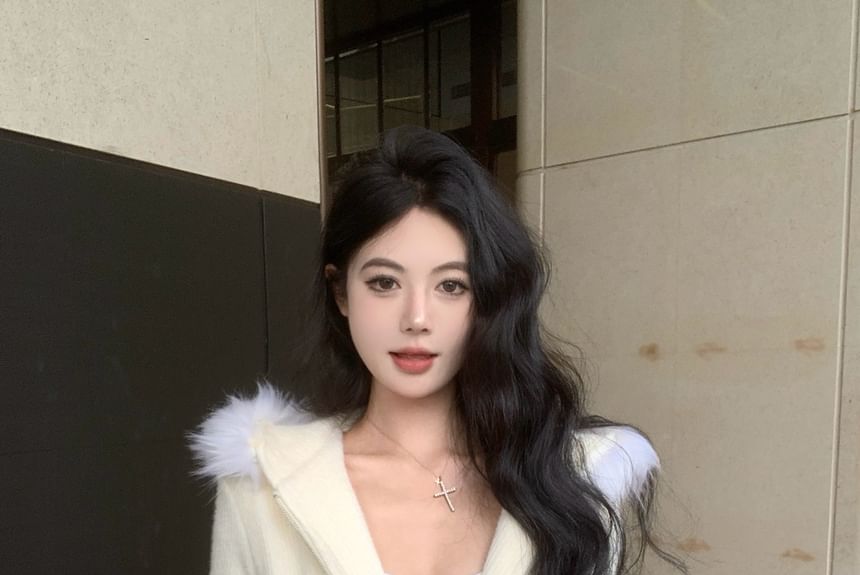 Waist Fluffy Drawstring Pencil Hoodie Mini Trim / Plain Skirt Zip-Up Knit