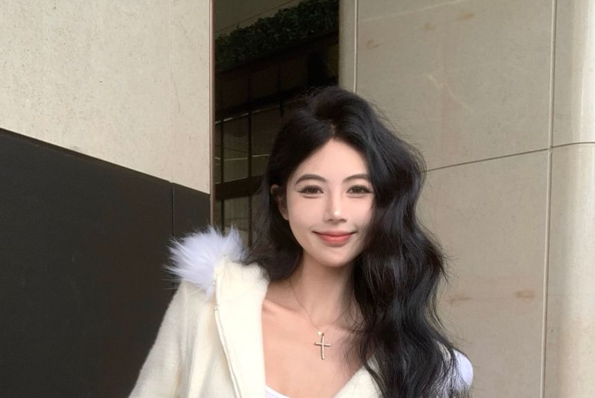 Waist Fluffy Drawstring Pencil Hoodie Mini Trim / Plain Skirt Zip-Up Knit