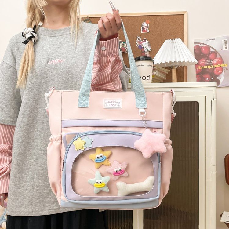 Transparent Panel Nylon Crossbody Tote Bag