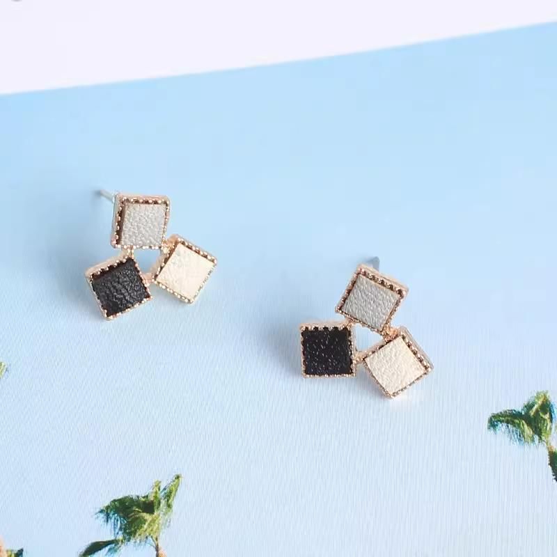 Leather Alloy Square Earring Stud Faux