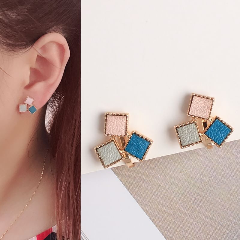 Leather Alloy Square Earring Stud Faux