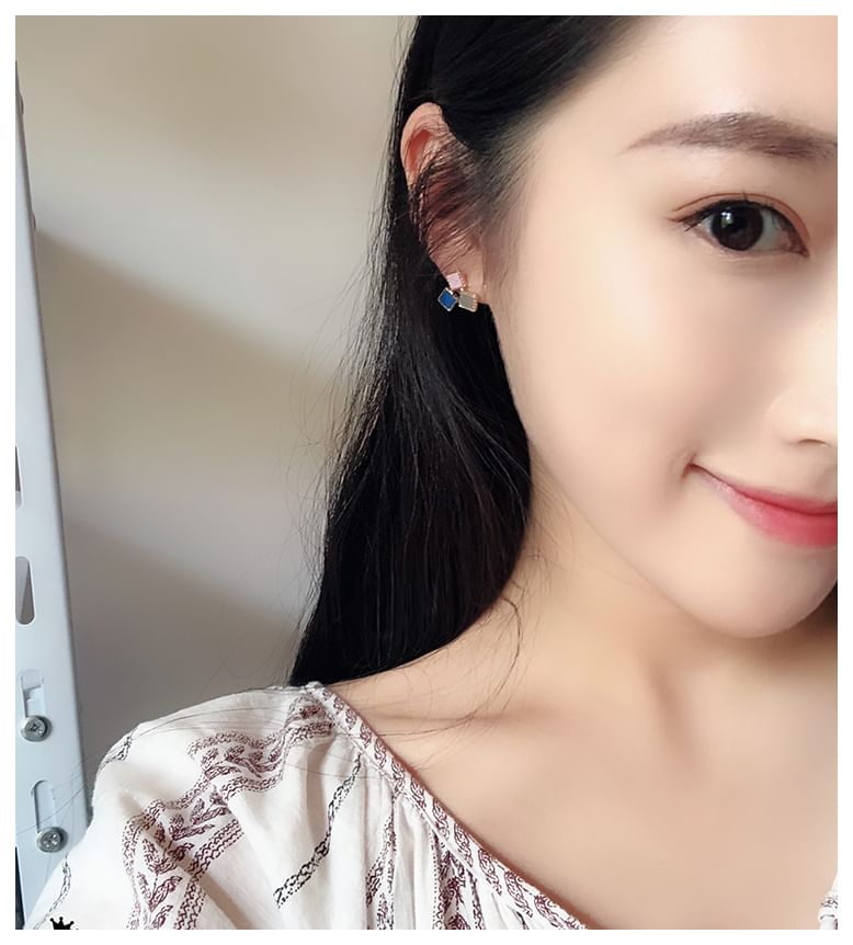 Leather Alloy Square Earring Stud Faux