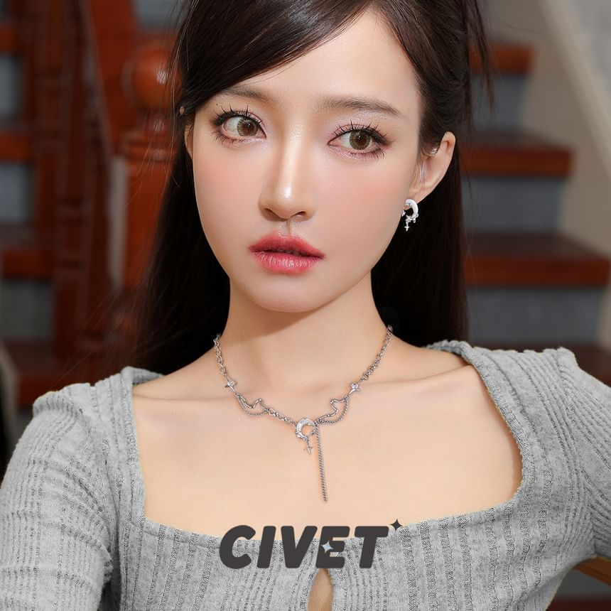 Star Alloy Rhinestone Ear Drop Earring Cuff / Moon