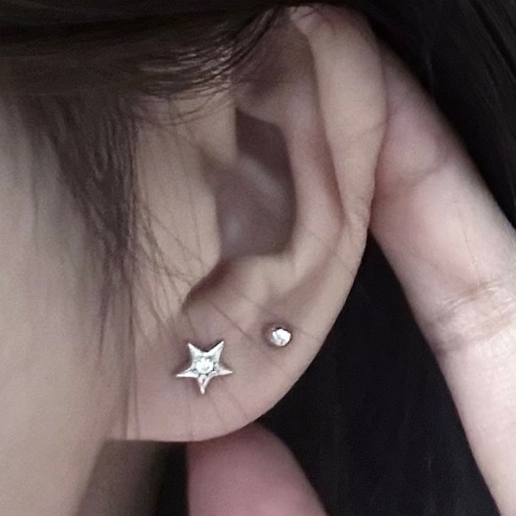 S999 Earring Silver Moon Star Asymmetrical Rhinestone Stud