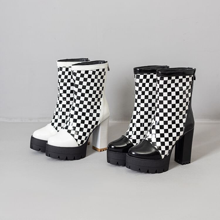 Boots Short Block Heel Checkerboard