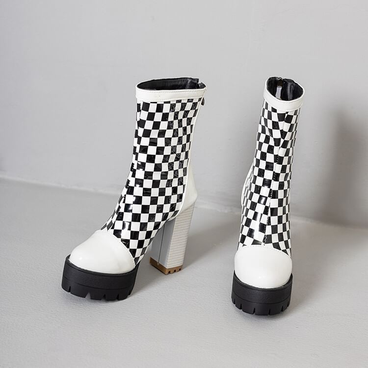 Boots Short Block Heel Checkerboard