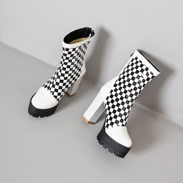 Boots Short Block Heel Checkerboard