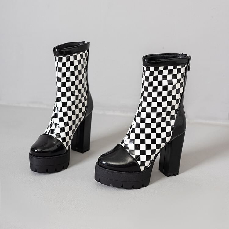 Boots Short Block Heel Checkerboard
