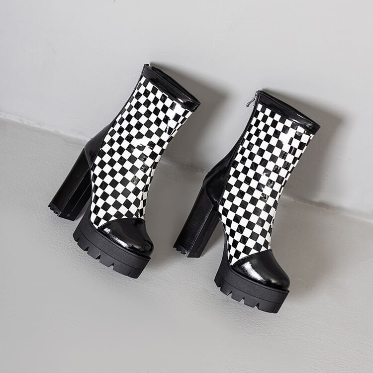 Boots Short Block Heel Checkerboard