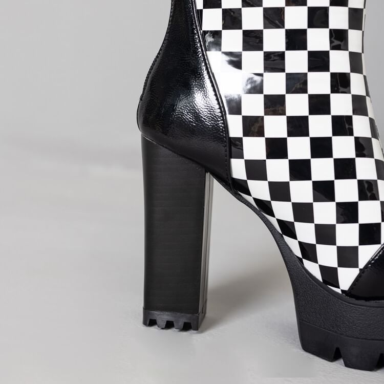 Boots Short Block Heel Checkerboard