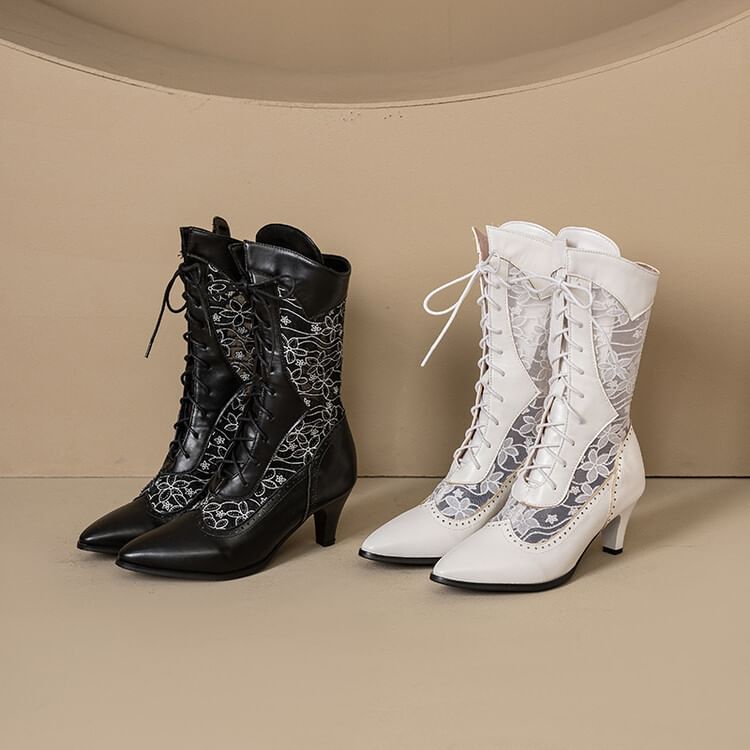 Short Pointed Heel Boots Mesh Low