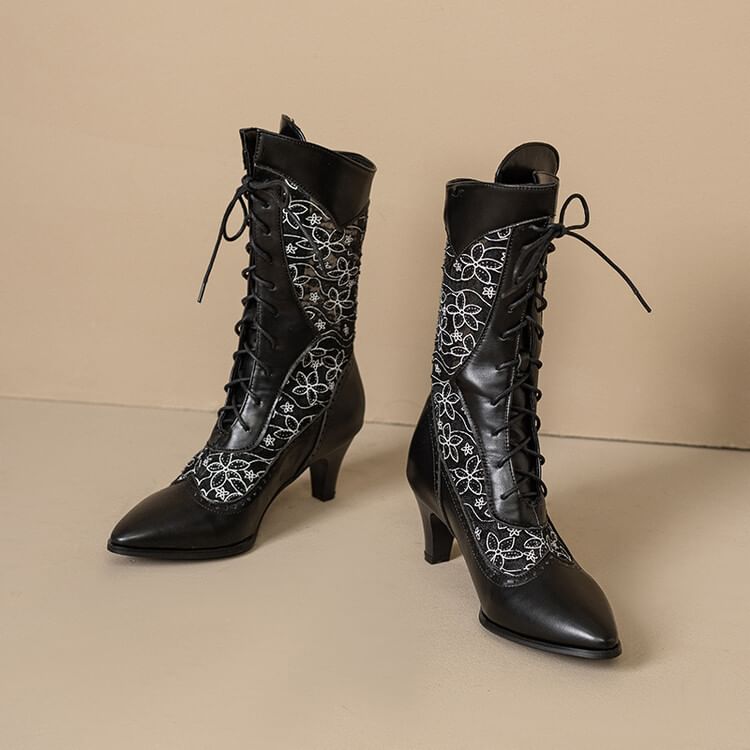 Short Pointed Heel Boots Mesh Low