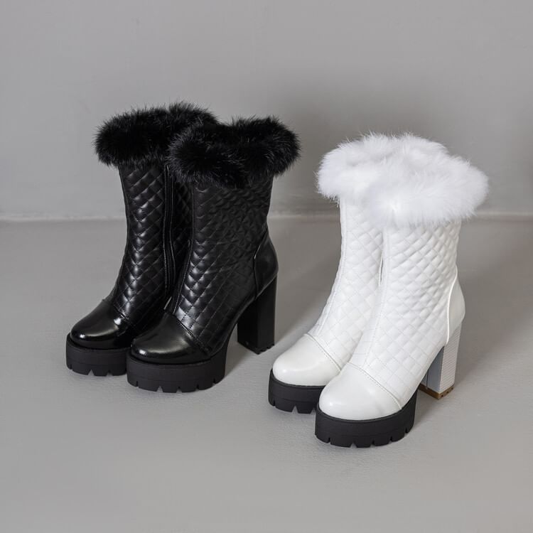 Furry Trim Short Boots Heel Block Quilted