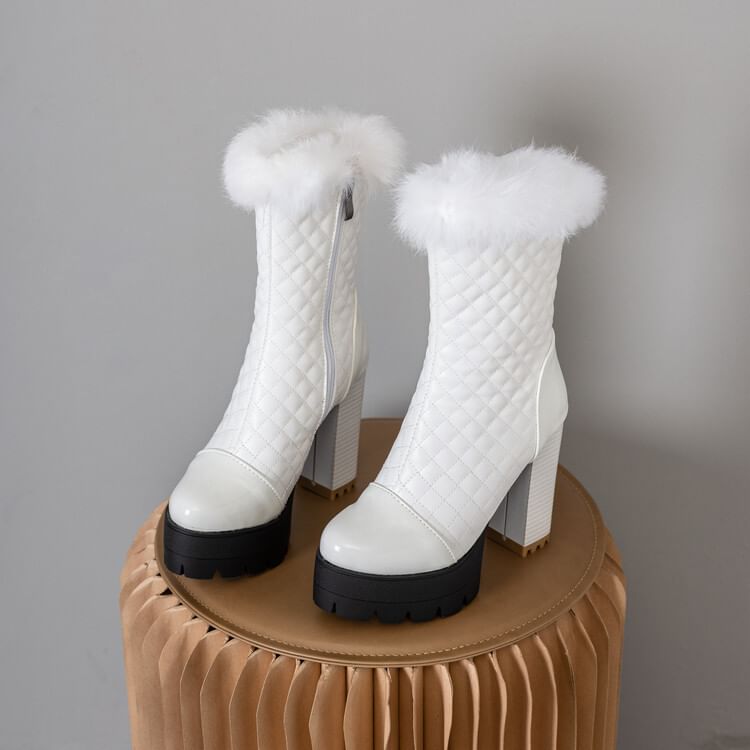 Furry Trim Short Boots Heel Block Quilted