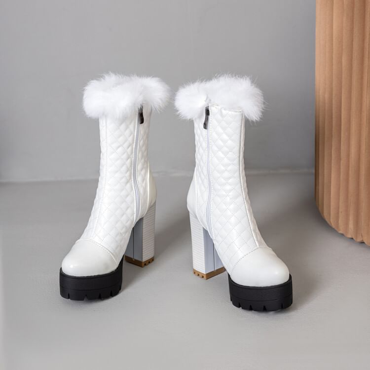 Furry Trim Short Boots Heel Block Quilted