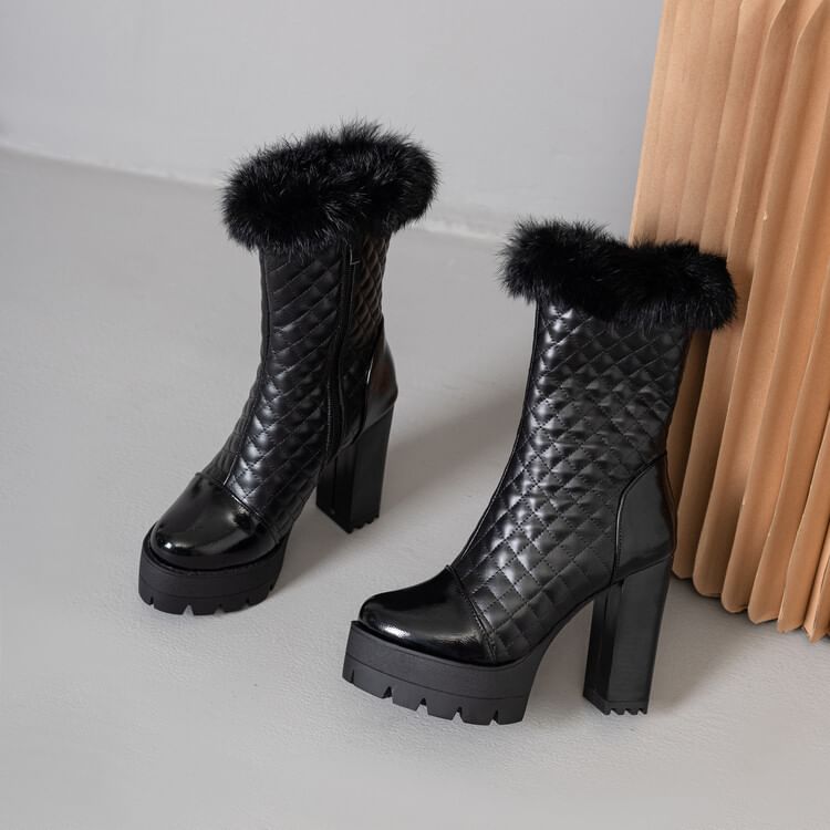 Furry Trim Short Boots Heel Block Quilted