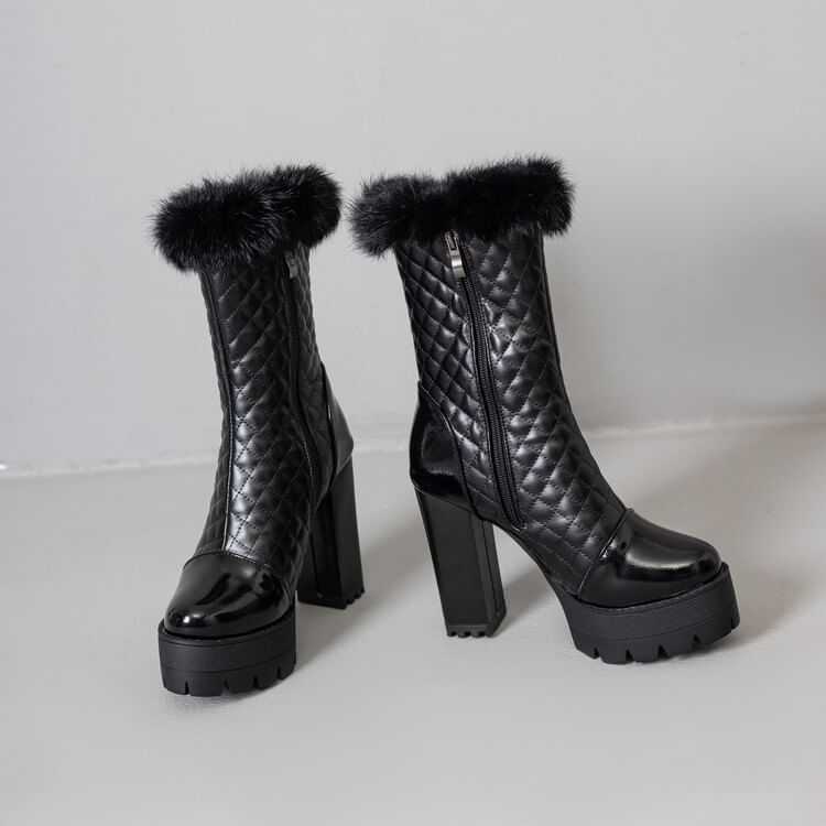 Furry Trim Short Boots Heel Block Quilted