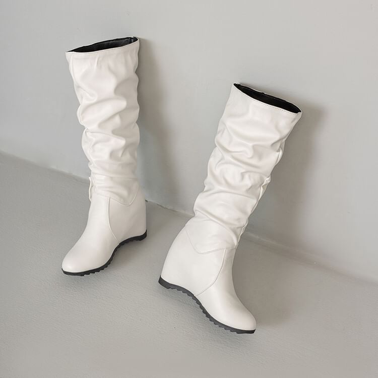 Tall Faux Leather Boots Wedge Hidden