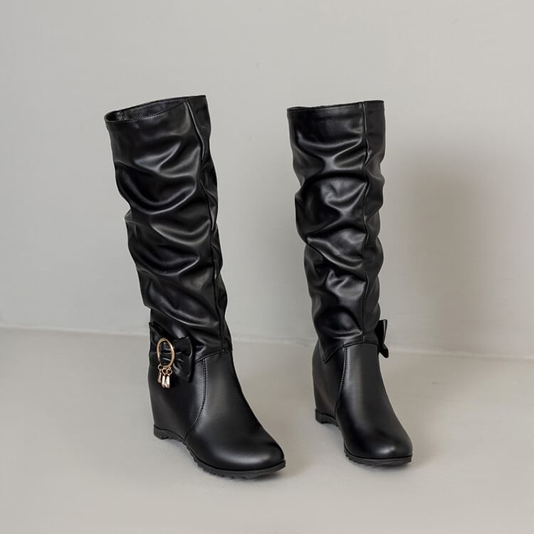 Tall Faux Leather Boots Wedge Hidden