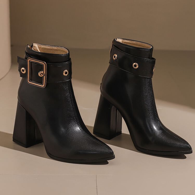 Block Short Pointed Boots buckled Heel