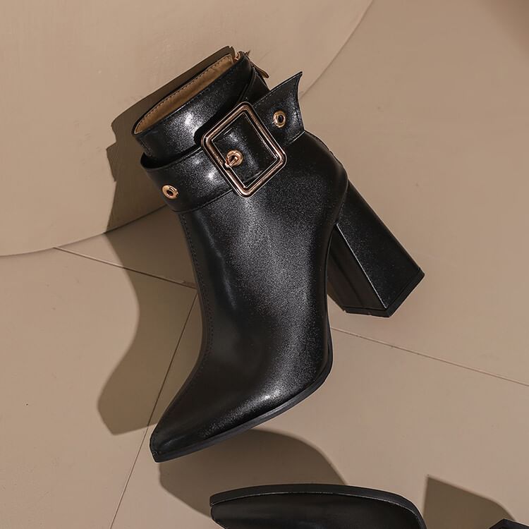 Block Short Pointed Boots buckled Heel