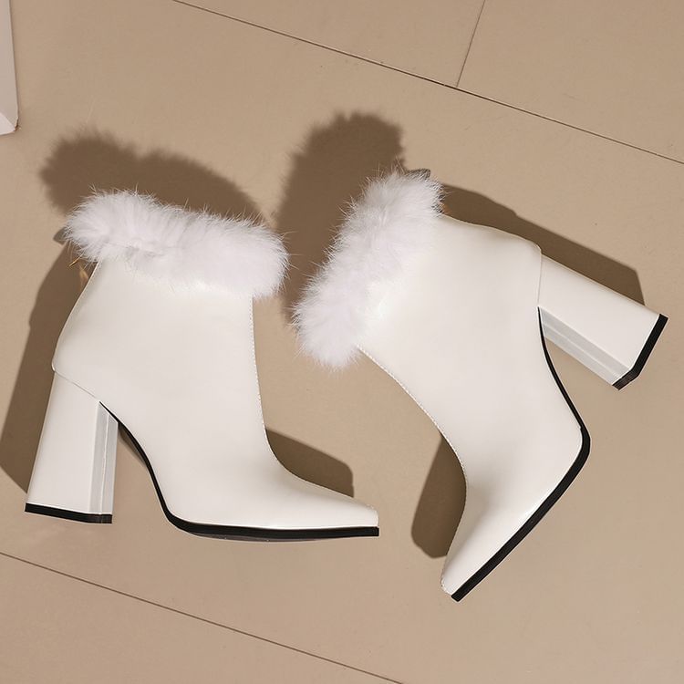 Leopard Block Boots Furry Short Heel Print Trim