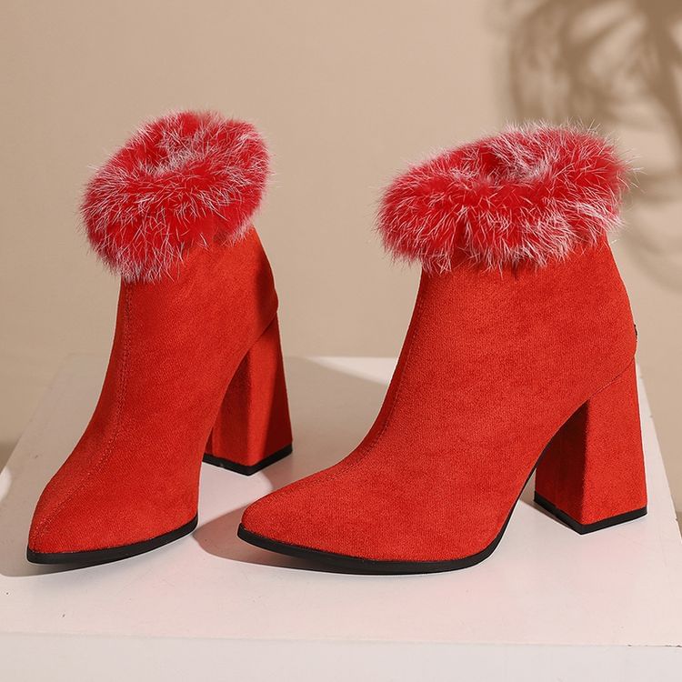 Leopard Block Boots Furry Short Heel Print Trim