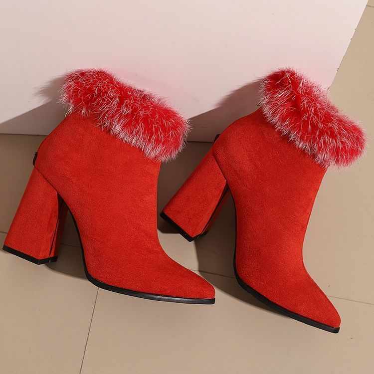 Leopard Block Boots Furry Short Heel Print Trim