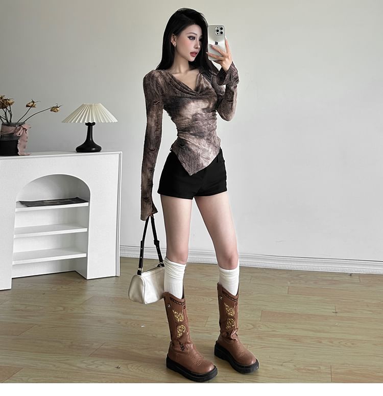 Sleeve Hem Tee V-Neck Distressed Long