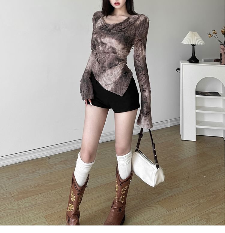 Sleeve Hem Tee V-Neck Distressed Long