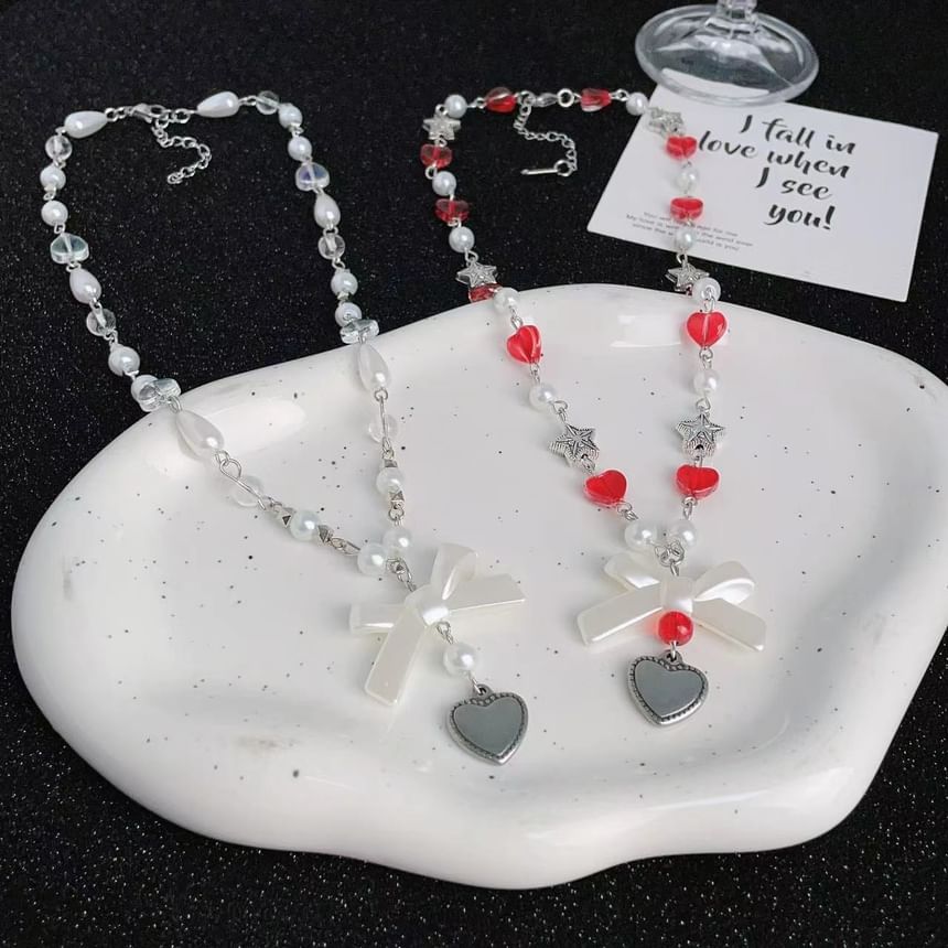 Heart Pearl Bow Necklace Faux