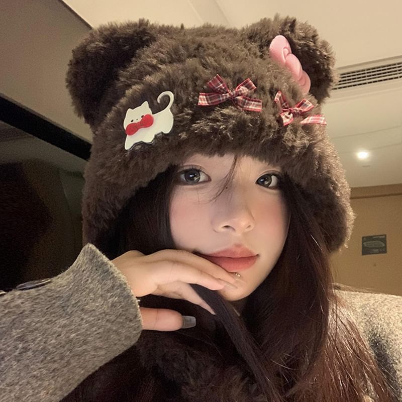 Fluffy Bow Accent Beanie Bear Ear