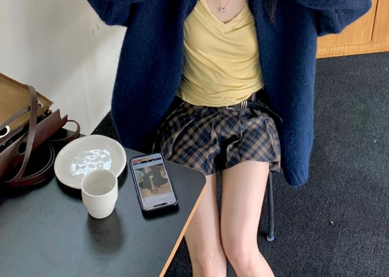 Waist Sleeve Tee Plain Plaid Mini Long Mid Skirt Cardigan / Pleated V-Neck